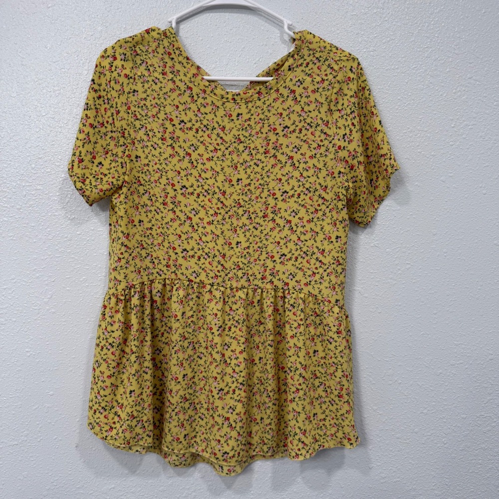 Orange Creek Los Angeles Yellow Floral Peplum Blouse Tie Back Short Sleeve M
